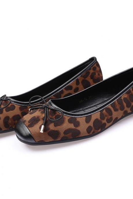 Bow Leopard Print Flat Shoes-brown