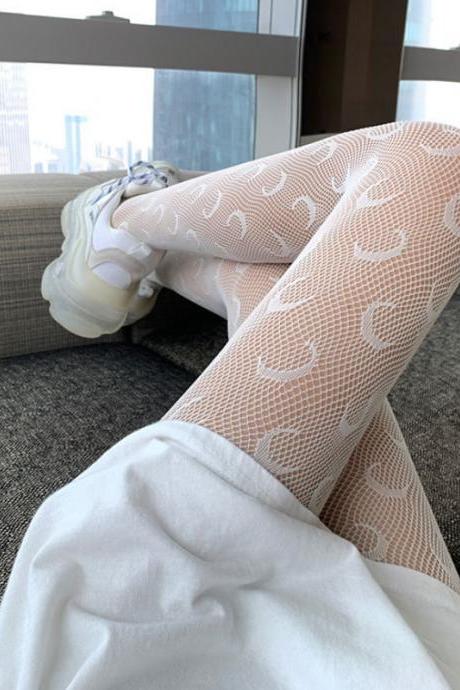Moon Fishnet Stockings Spring, Autumn And Summer Thin Pantyhose-white