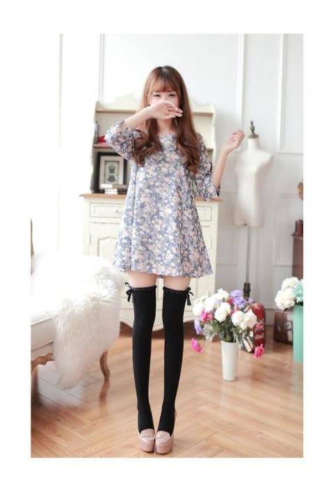 Spring And Autumn Japanese Cute Loli Wave Lace Ribbon Bow Stockings Over The Knee High Stockings Cotton Bottoming Socks