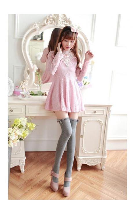 Spring And Autumn Japanese Cute Loli Wave Lace Ribbon Bow Stockings Over The Knee High Stockings Cotton Bottoming Socks-gray
