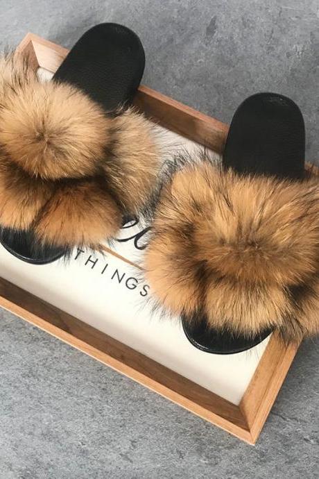Color Matching Large Fur Real Natural Fox Fur Slides Colorful Fluffy Fur Slides Sandals Slippers Fashion Women Shoes-4