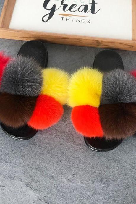 Color Matching Large Fur Real Natural Fox Fur Slides Colorful Fluffy Fur Slides Sandals Slippers Fashion Women Shoes-5