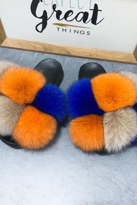 Color Matching Large Fur Real Natural Fox Fur Slides Colorful Fluffy Fur Slides Sandals Slippers Fashion Women Shoes-6