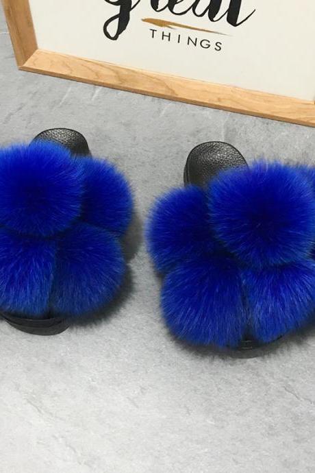 Color Matching Large Fur Real Natural Fox Fur Slides Colorful Fluffy Fur Slides Sandals Slippers Fashion Women Shoes-9