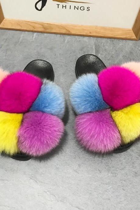 Color Matching Large Fur Real Natural Fox Fur Slides Colorful Fluffy Fur Slides Sandals Slippers Fashion Women Shoes-11