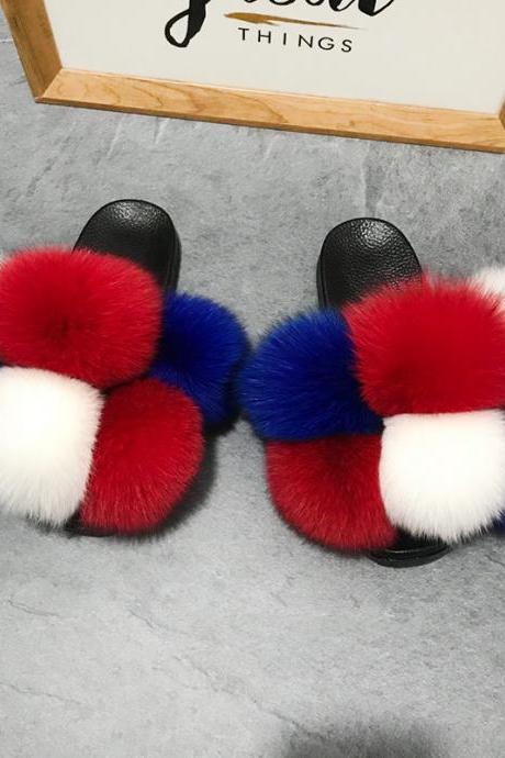 Color Matching Large Fur Real Natural Fox Fur Slides Colorful Fluffy Fur Slides Sandals Slippers Fashion Women Shoes-13