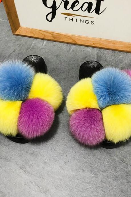 Color Matching Large Fur Real Natural Fox Fur Slides Colorful Fluffy Fur Slides Sandals Slippers Fashion Women Shoes-15