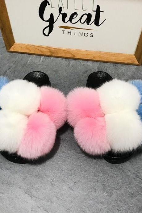 Color Matching Large Fur Real Natural Fox Fur Slides Colorful Fluffy Fur Slides Sandals Slippers Fashion Women Shoes-16