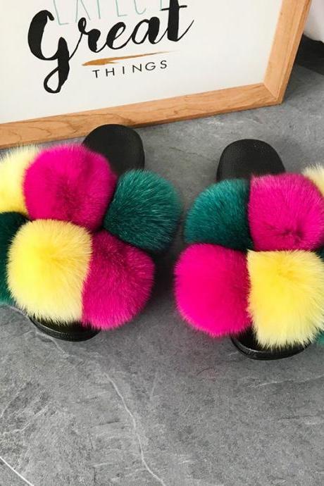 Color Matching Large Fur Real Natural Fox Fur Slides Colorful Fluffy Fur Slides Sandals Slippers Fashion Women Shoes-20