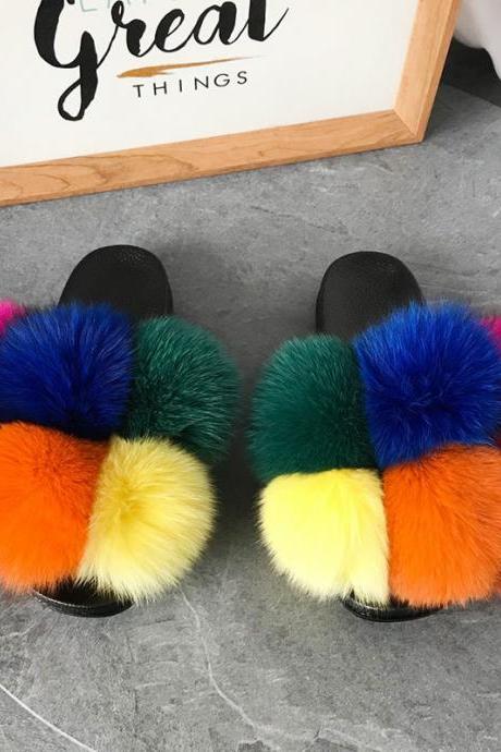 Color Matching Large Fur Real Natural Fox Fur Slides Colorful Fluffy Fur Slides Sandals Slippers Fashion Women Shoes-21