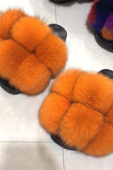 Color Matching Large Fur Real Natural Fox Fur Slides Colorful Fluffy Fur Slides Sandals Slippers Fashion Women Shoes-24