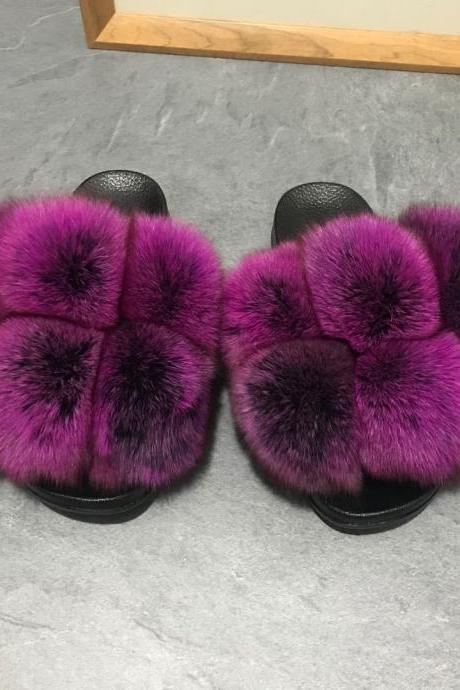 Color Matching Large Fur Real Natural Fox Fur Slides Colorful Fluffy Fur Slides Sandals Slippers Fashion Women Shoes-25