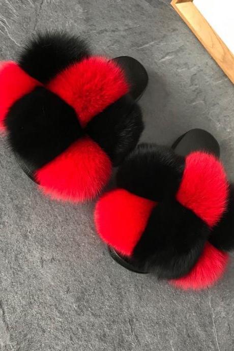 Color Matching Large Fur Real Natural Fox Fur Slides Colorful Fluffy Fur Slides Sandals Slippers Fashion Women Shoes-26