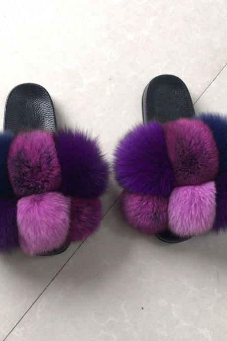 Color Matching Large Fur Real Natural Fox Fur Slides Colorful Fluffy Fur Slides Sandals Slippers Fashion Women Shoes-27