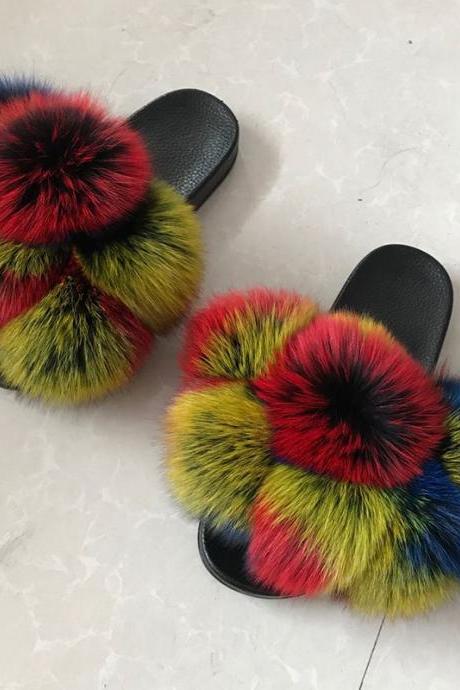 Color Matching Large Fur Real Natural Fox Fur Slides Colorful Fluffy Fur Slides Sandals Slippers Fashion Women Shoes-29