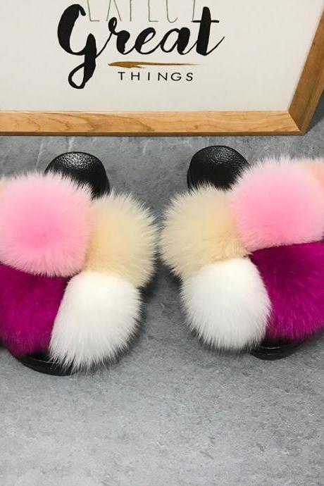 Color Matching Large Fur Real Natural Fox Fur Slides Colorful Fluffy Fur Slides Sandals Slippers Fashion Women Shoes-31