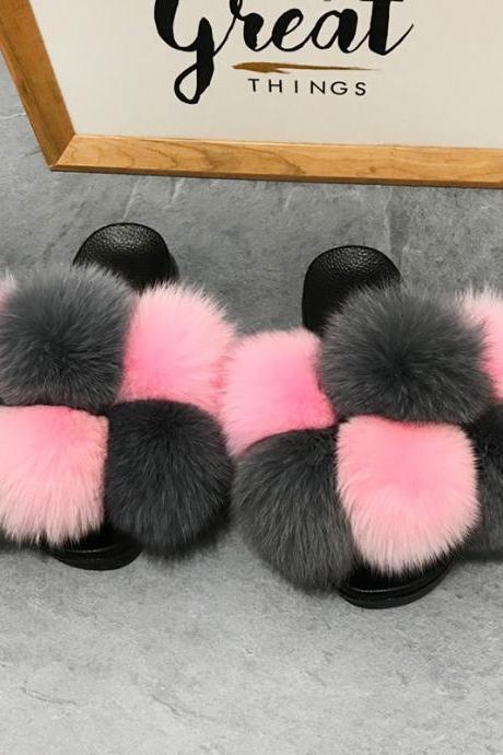 Color Matching Large Fur Real Natural Fox Fur Slides Colorful Fluffy Fur Slides Sandals Slippers Fashion Women Shoes-32