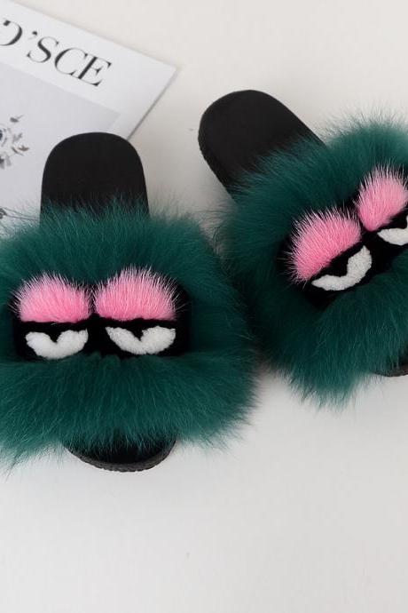 Fox fur little monster slippers slippers Jurchen fur grass fur cool slippers-2