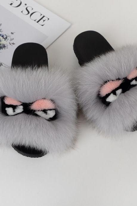 Fox fur little monster slippers slippers Jurchen fur grass fur cool slippers-9
