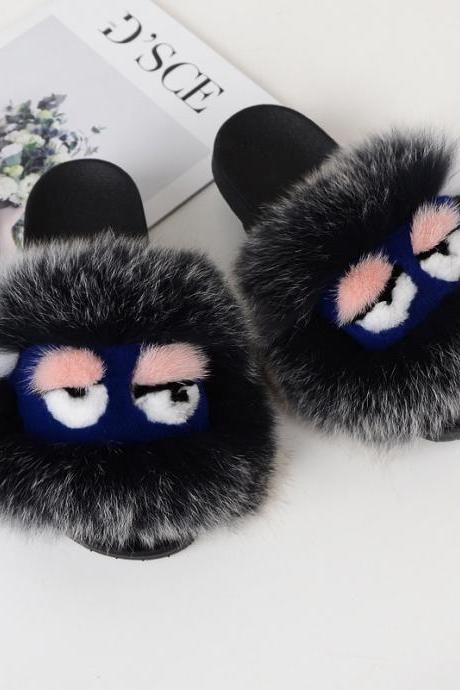 Fox fur little monster slippers slippers Jurchen fur grass fur cool slippers-11