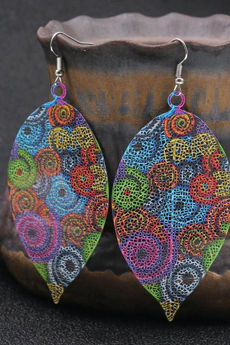Color Fashion Water Drop Leaf Round Feather Earrings-1