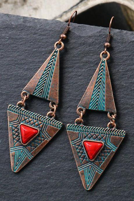 Bohemian Retro Earrings Personalized Geometry Double Triangle Turquoise Alloy Pendant Earrings-1