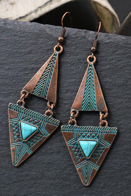 Bohemian Retro Earrings Personalized Geometry Double Triangle Turquoise Alloy Pendant Earrings-2