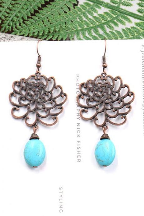 Shipping Alloy Earrings Female Hollow Flower Lotus Earrings Natural Turquoise Accessories