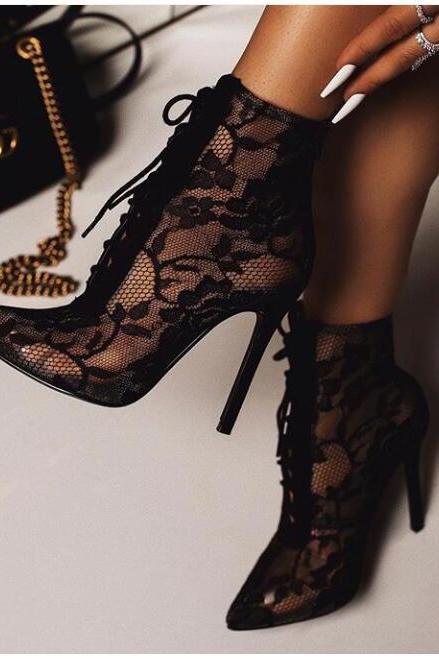 Black Lace Pointed Toe Strap High Heels Ankle Boots