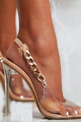 Metal Chain Transparent High Heels Pointed Stiletto Sandals-golden