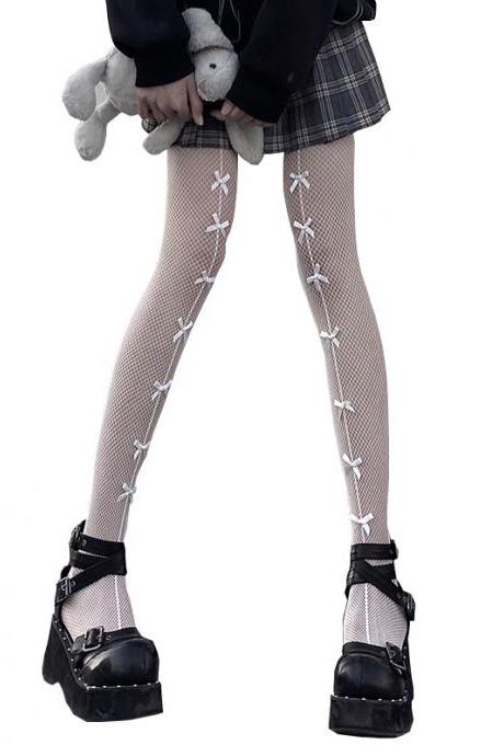 Black Stockings Bowknot Japanese Lolita Fishing Net Girl Jk College Style Lolita Pantyhose-2