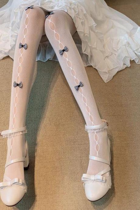 Japanese Summer Bow Lolita Pantyhose Children&amp;amp;#039;s White Hollow Out Retro College Style Jk Pantyhose-1