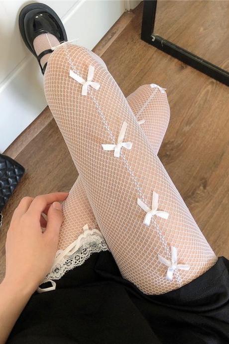 Free Shipping Japanese summer bowknot white stockings JK college style Lolita panties fishing net breathable Lolita socks-1