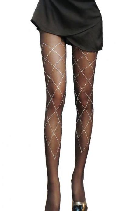 Free Shipping Sexy black ribbon drill stockings diamond mesh stockings anti hook thin pantyhose