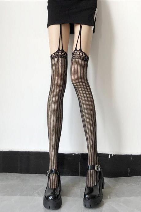 Black Stockings Japanese All In One Suspender Jk Spice Girls Knee Length Vertical Striped Fishing Net Pantyhose