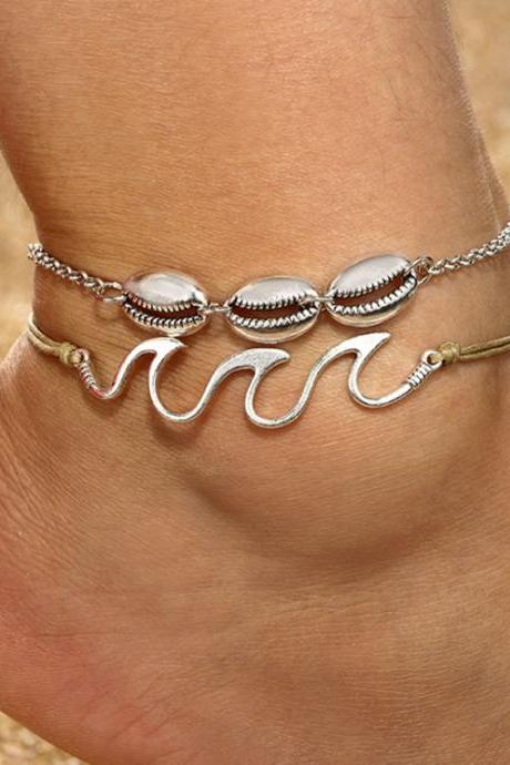 Free Shipping Retro fashion beach alloy fishhook shell Anklet 2 sets of foot ornaments