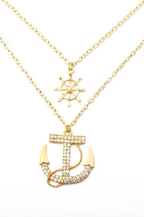 Free Shipping Double deck anchor, water drill necklace, collarbone chain, cool wind, retro temperament chain, sweater chain-1