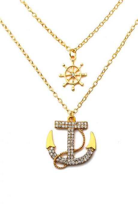 Free Shipping Double deck anchor, water drill necklace, collarbone chain, cool wind, retro temperament chain, sweater chain-2