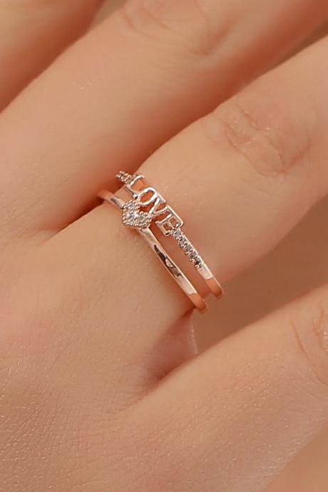 Free Shipping Double layer love inlaid diamond love opening ring fashion simple geometric letter ring-1
