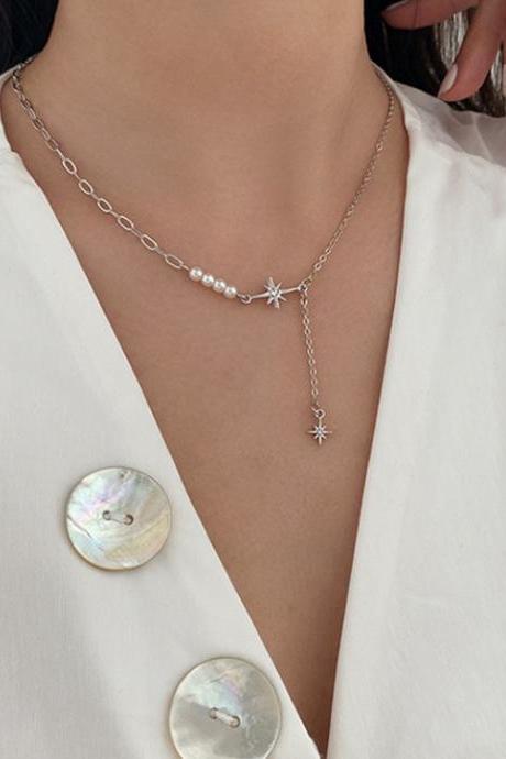 Free Shipping Pearl eight star clavicle chain in cool wind Design Pendant neck chain-1