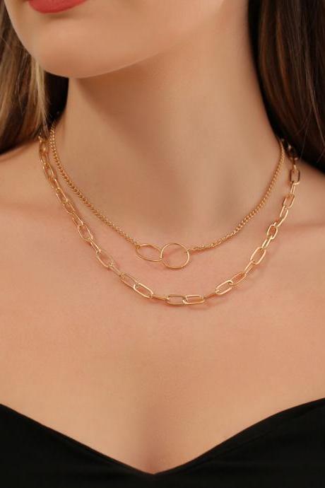 Shipping Retro Double Circle Necklace Korean Simple Temperament Creative Ring Clavicle Chain Accessories