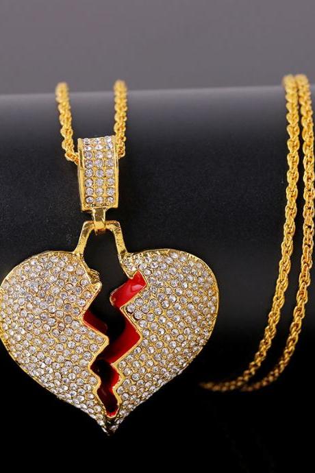 Shipping Cracked Love Necklace Women&amp;amp;#039;s Hip Hop Fashion Diamond Studded Broken Heart Pendant-1