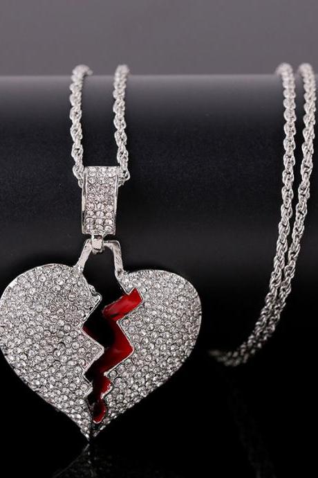 Shipping Cracked Love Necklace Women&amp;amp;#039;s Hip Hop Fashion Diamond Studded Broken Heart Pendant-2