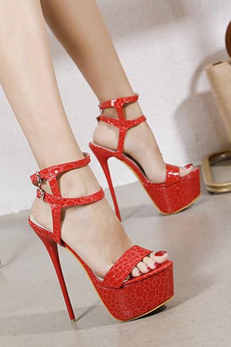 Sexy Night Club Shoes Thin Heel Waterproof Platform Ankle Thin Strap High Heel Sandals-red