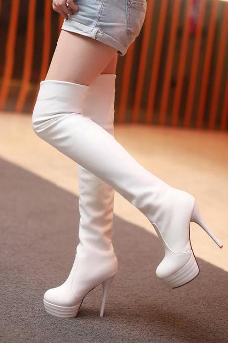High Heel Over Knee High Boots-white