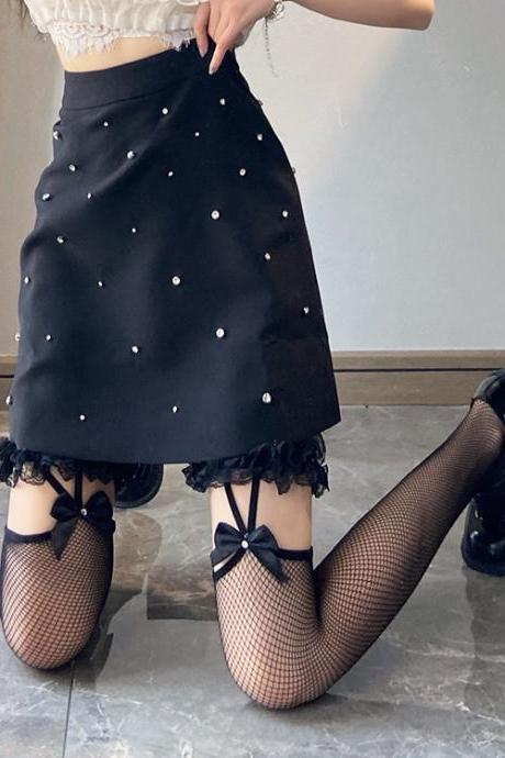 Summer thin BOW LACE leg ring suspender with long black over knee fishing net socks