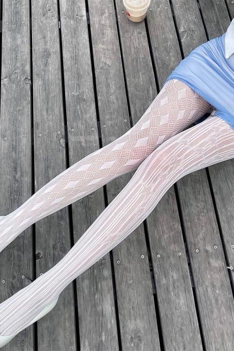 Asymmetric personality design white lace pantyhose