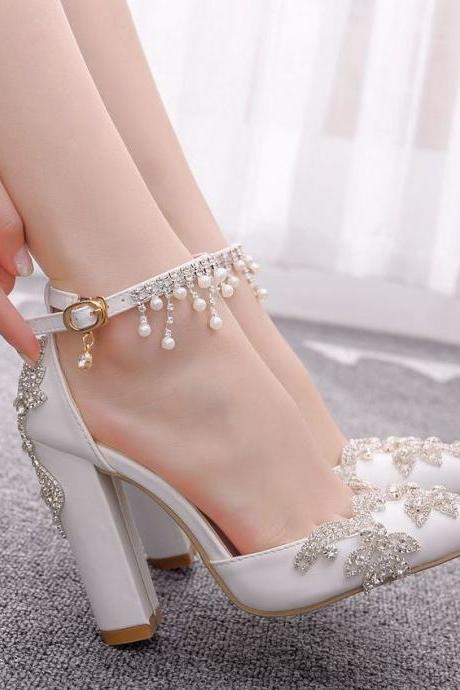 White Tassel Diamond Crystal Wedding Shoes Thick Heel Sandals