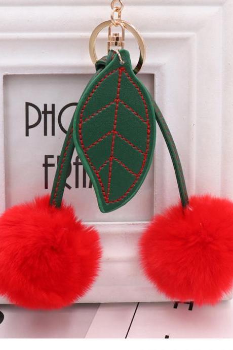 Lovely Cherry Leaf Bag Pendant Real Rex Rabbit Hair Ball Keychain Lady Fur Cherry Hair Ball Pendant-1