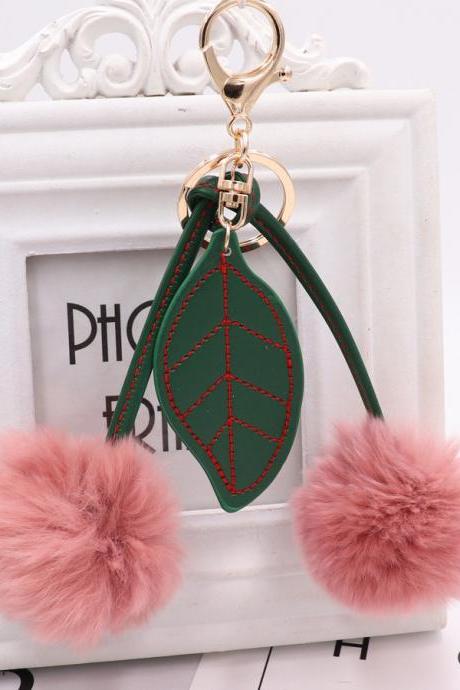 Lovely Cherry Leaf Bag Pendant Real Rex Rabbit Hair Ball Keychain Lady Fur Cherry Hair Ball Pendant-4